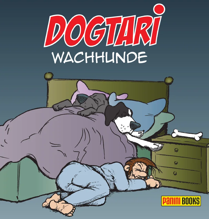 Buchcover DOGTARI Wachhunde: Zwei Doggen liegen im Bett, Herrchen schläft auf dem Boden davor