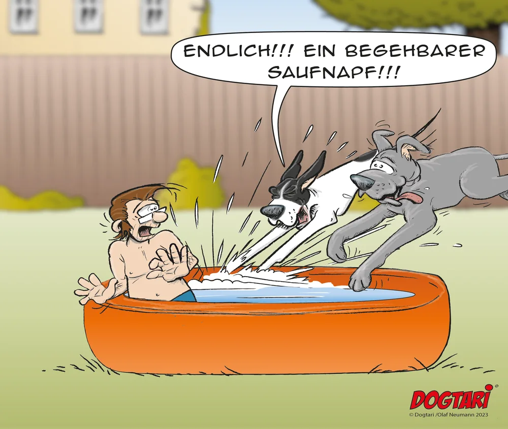 Cartoon: Zwei Doggen springen in das Planschbecken eines Mannes. Sprechblase: Endlich!!! Ein begehbarer Saufnapf!!!